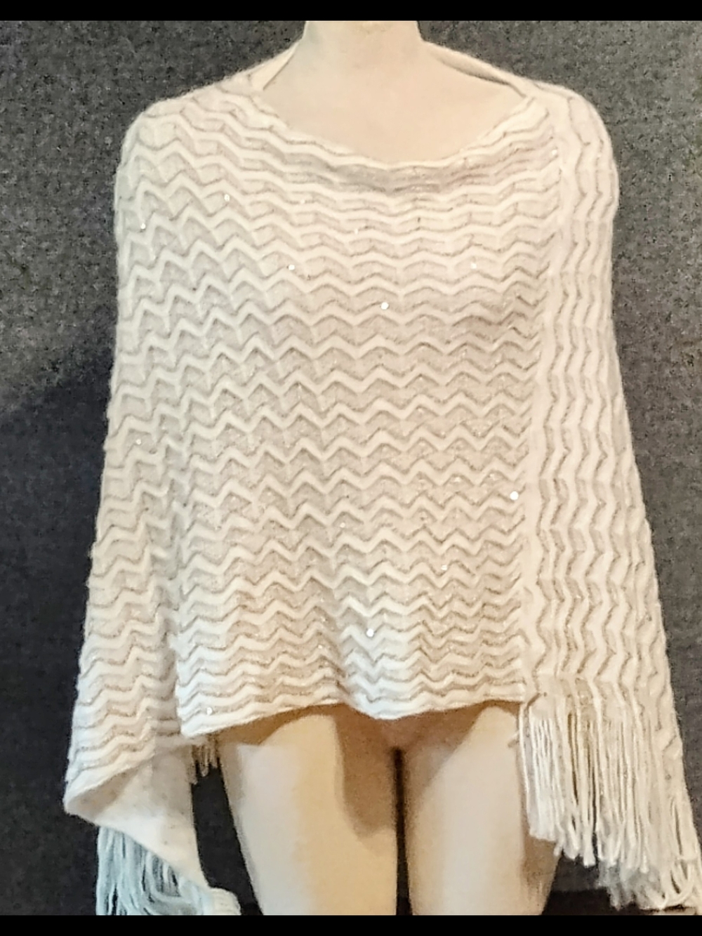 Cream Fringe Knit Women's Sweater Poncho